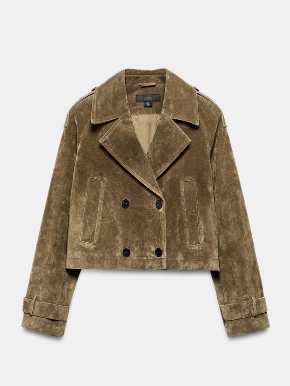ZARA CROPPED DOUBLE BREASTED 100% LEATHER TRENCH COAT JACKET SUEDE SMALL MEDIUM
